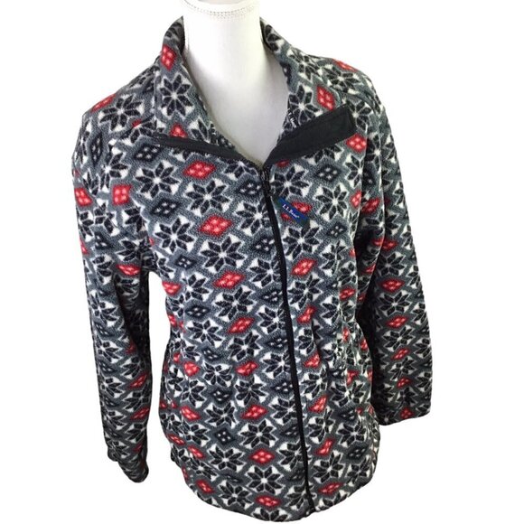 L.L. Bean Fleece Jacket Coat Full Zip Snowflake Adj Waist Pockets Black Red - Picture 1 of 9